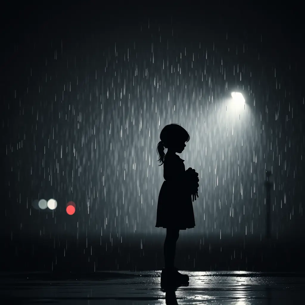 صورة ضلية لفتاة حزينة تقف تحت المطر