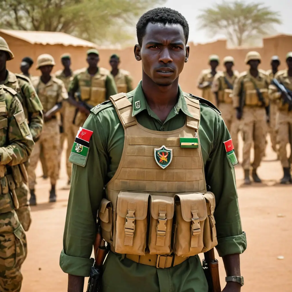 صورة مثيرة للإعجاب لجندي سوداني يرتدي كاكي درع السودان وعلامته العسكرية برتبة ملازم أول 👮♂️🇸🇩 مع ملامح وجه جذابة وثابتة. في الخلفية، تظهر تاتشر رباعي يحمل بندقية R2 🤯🔫 تعبر هذه الصورة عن القوة والجاهزية لحماية وخدمة الوطن 🇸🇩💪 لن ننسى تضحيات الجنود البواسل الذين يضحون بحياتهم من أجل حماية الوطن والمواطنين 🙏🏼👏🏼 دعونا نشكرهم ونقدر تضحياتهم العظيمة 🙌🏼👨✈️👩✈️ #الجيش_السوداني #الدفاع_عن_الوطن #التضحية_للوطن #القوة_والشرف #التاتشر_الرباعي #رمز_الوطن #فخر_للوطن 🇸🇩🔥