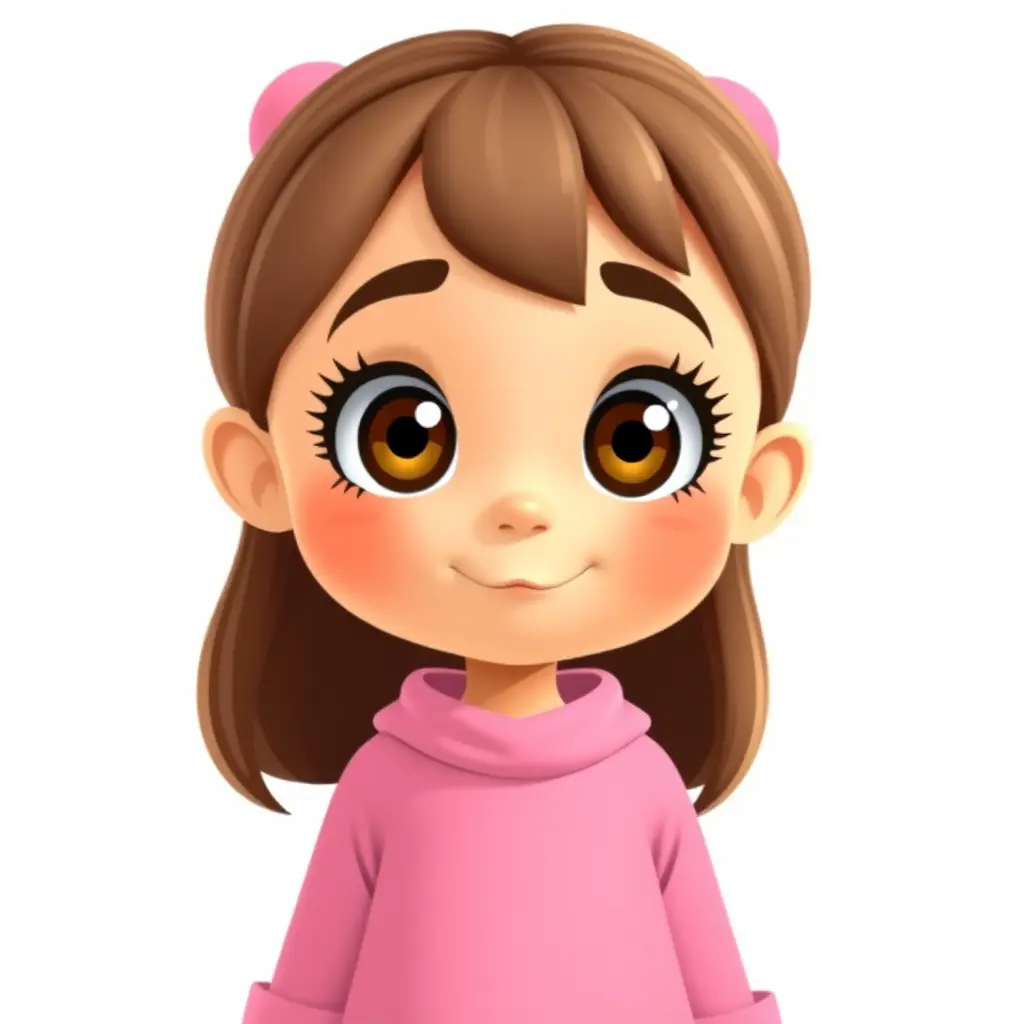 بنت عمرها خمس سنوات كرتون شعرها بنت لون العيون بني ترتدي ملابس وردية واقفة خلفية بيضاء