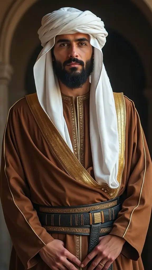 الزي البدوي طويل ضعيف البنيه يلبس الدقلة السوداء و مطرزه بالذهب ويلبس الحزام الثلاثي وعقال والغترة البيضاء وجه شبيه الممثل عبدالمحسن النمر