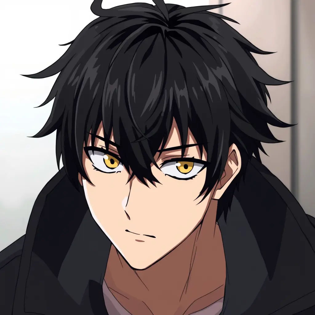 شخصيه انمي رجل لون شعره اسود ولون عينه اصفر ويرتدي معطف اسود يره شخصيته الصغيره الذي من الماضي 