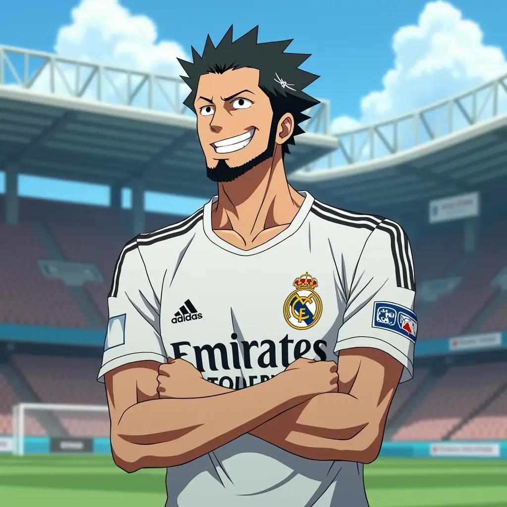 شخصية الأنمي رورونوا زورو بقميص مدريد داخل الملعب