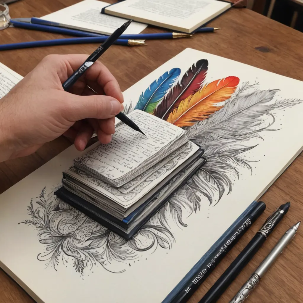 رسم كتب فوق بعض وبجانبها قلم ريشة وحبر 