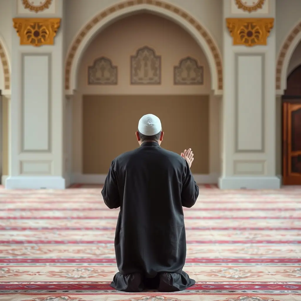 صورة مصلي بلباس اسلامي أصيل دخل في الصلاة بتكبيرة الاحرام