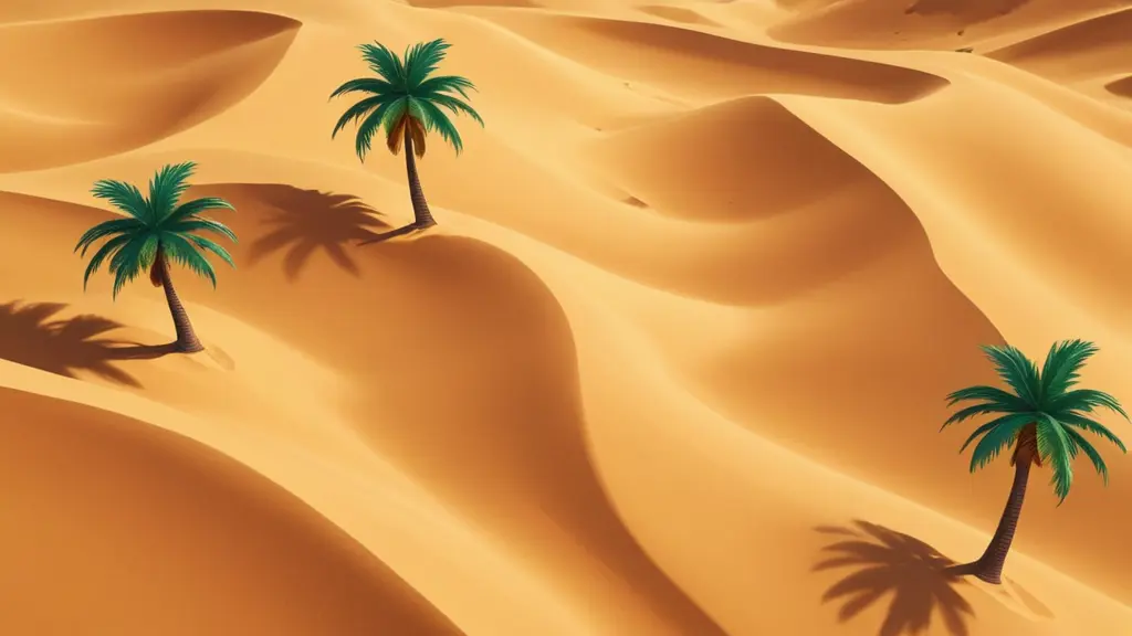 كثبان رملية فيها اشجار النخيل وسط الصحراء منظر علوي رسوم كرتونية