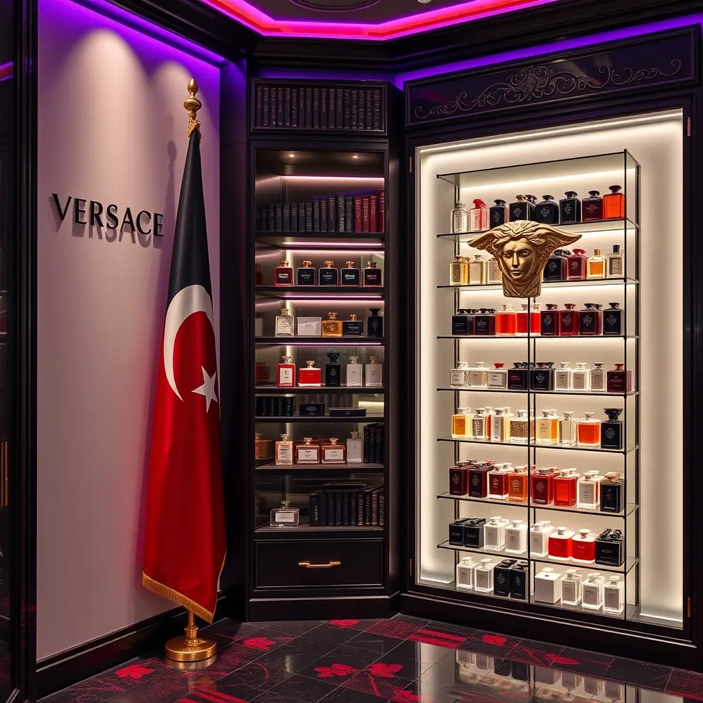 مكتبه عطريه انيقه و با جانبه علي الحائط شعار Versace  با جانبه في زوية المكتبه علم ليبيا و با تفصيل احترافيه و با أضائه ليد من الالوان الموف و الحمراء. با طريقه واقعيه جدآ