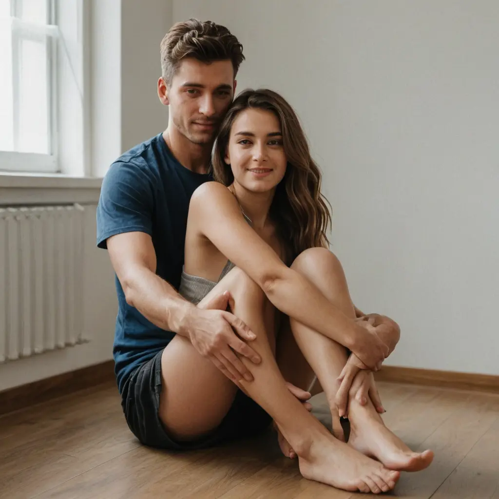 بنت تجلس على قدم رجل