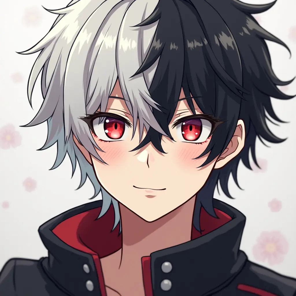رجل انمي نصف شعره ابيض ونصف ثاني اسود ولون عين اليسار حمراء لون العين اليمنى سوداء ويلبس بدله