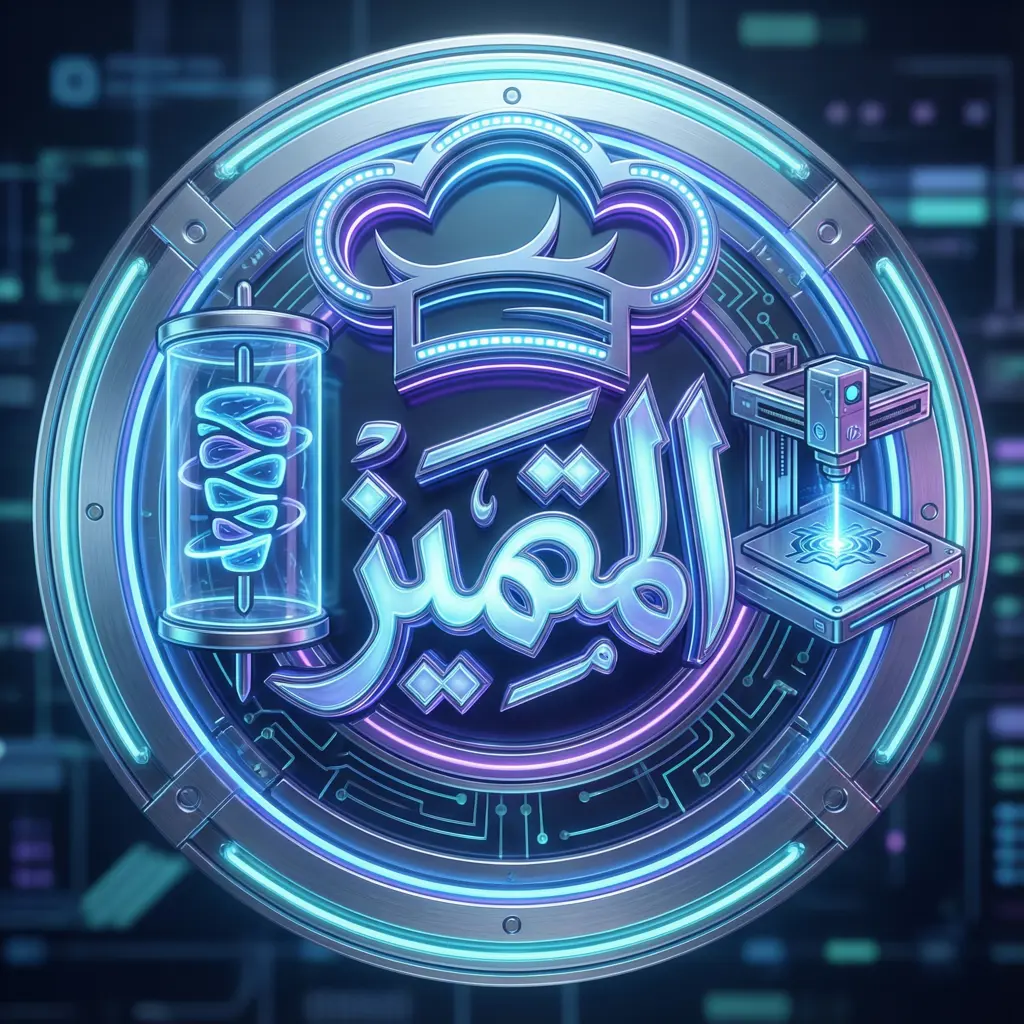 Generate a detailed futuristic style logo in 3d for a company named 'المتميز ' . The logo should prominently feature Hat and Shawah and Laser Machine which uses cold colors palette.