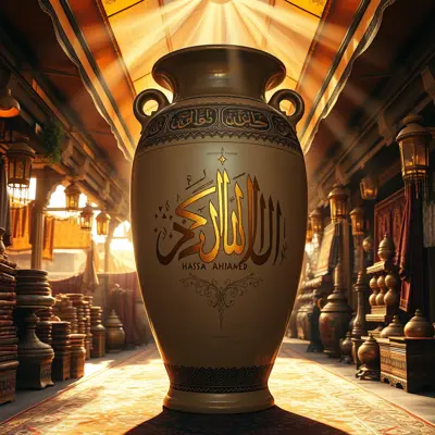 Giant ceramic vase with "Hafsa Ahmed" in intricate golden Arabic calligraphy, centered in a Middle Eastern bazaar, sunrays piercing through market tents, warm golden hour lighting, detailed textures, photorealistic 8k, cinematic depth, vintage Persian carpets and copper lanterns in background --ar 16:9 --style raw