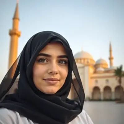 فتاة جميلة محجبة بحجاب أسود وعباءة بيضاء ومن خلفها المسجد الأعظم بالجزائر 