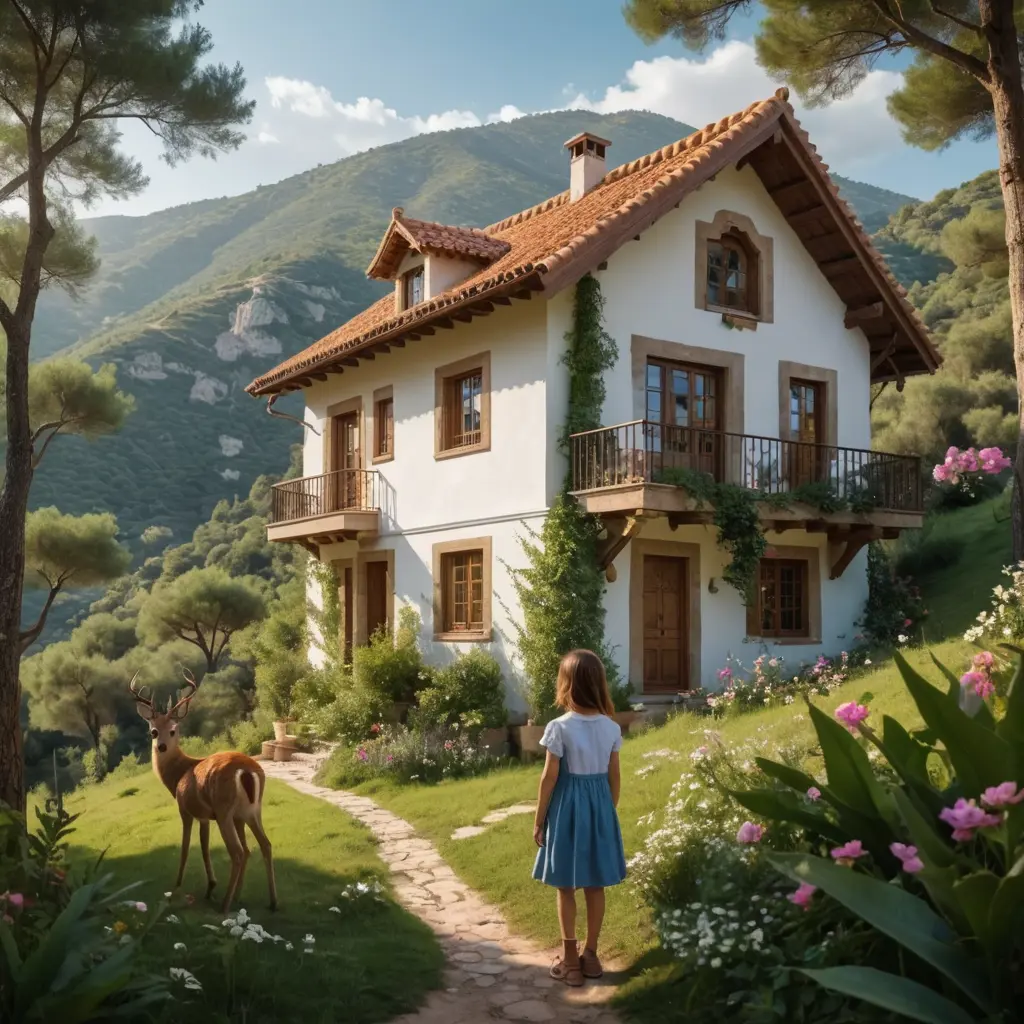 صورة منزل جميل في الغابة مستوحى من المعمار الأندلسي بجانبه طيور وغزلان وجبال وازهار وخضرة ويطل من النافدة طفل رفقة بنت