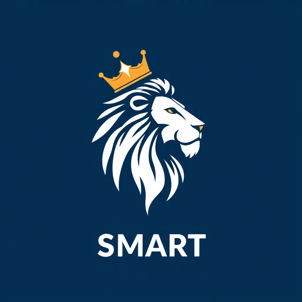 Generate a minimalistic line art style logo in 2d for a company named ' SMART' in the internet field. The logo should prominently feature Lion wearing a crown sideways which uses cold colors palette.
