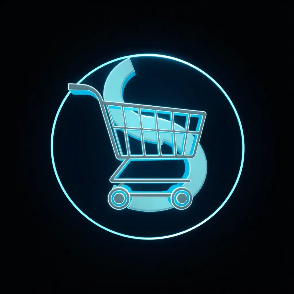 Generate a detailed futuristic style logo in 2d for a company named 'scery store'  in the retail field. The logo should prominently feature Shopping cart letter S .