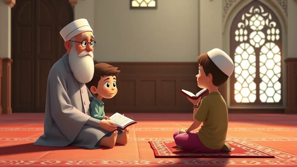 في مسجد هادئ، يجلس طفل عمره 7 سنوات على الأرض، واضعًا يديه على ركبتيه وهو يقرأ القرآن بخشوع. بجانبه، يجلس شيخ مسلم شيعي كبير في السن، ينظر إليه بإعجاب واستماع عميق.
مواصفات التصميم:
النمط: كرتوني ثلاثي الأبعاد
التفاصيل: زخارف إسلامية، مصحف مفتوح، سجادة صلاة، إضاءة روحانية.