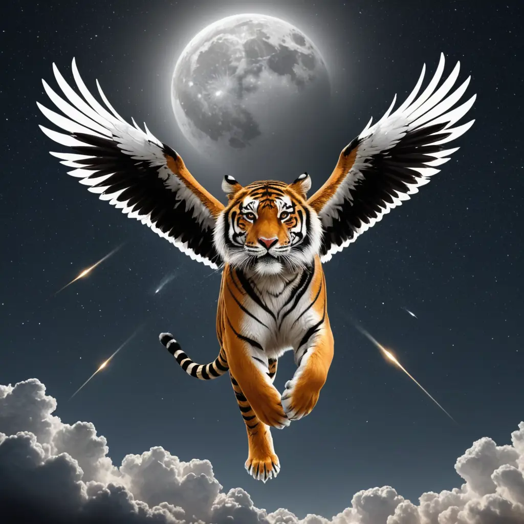 صورة النمر يطير في السماء لونو اسود وجناحين ابيض وتسقص الشهب في السماء وفرقة القمر وتحت الشمس في ضوء الخلق
