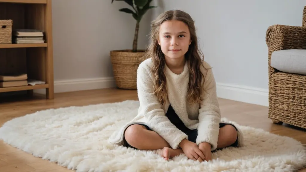 greta thunberg with her beautiful natural fluffy hair in a sea of naturaly curly sheepskin rugs