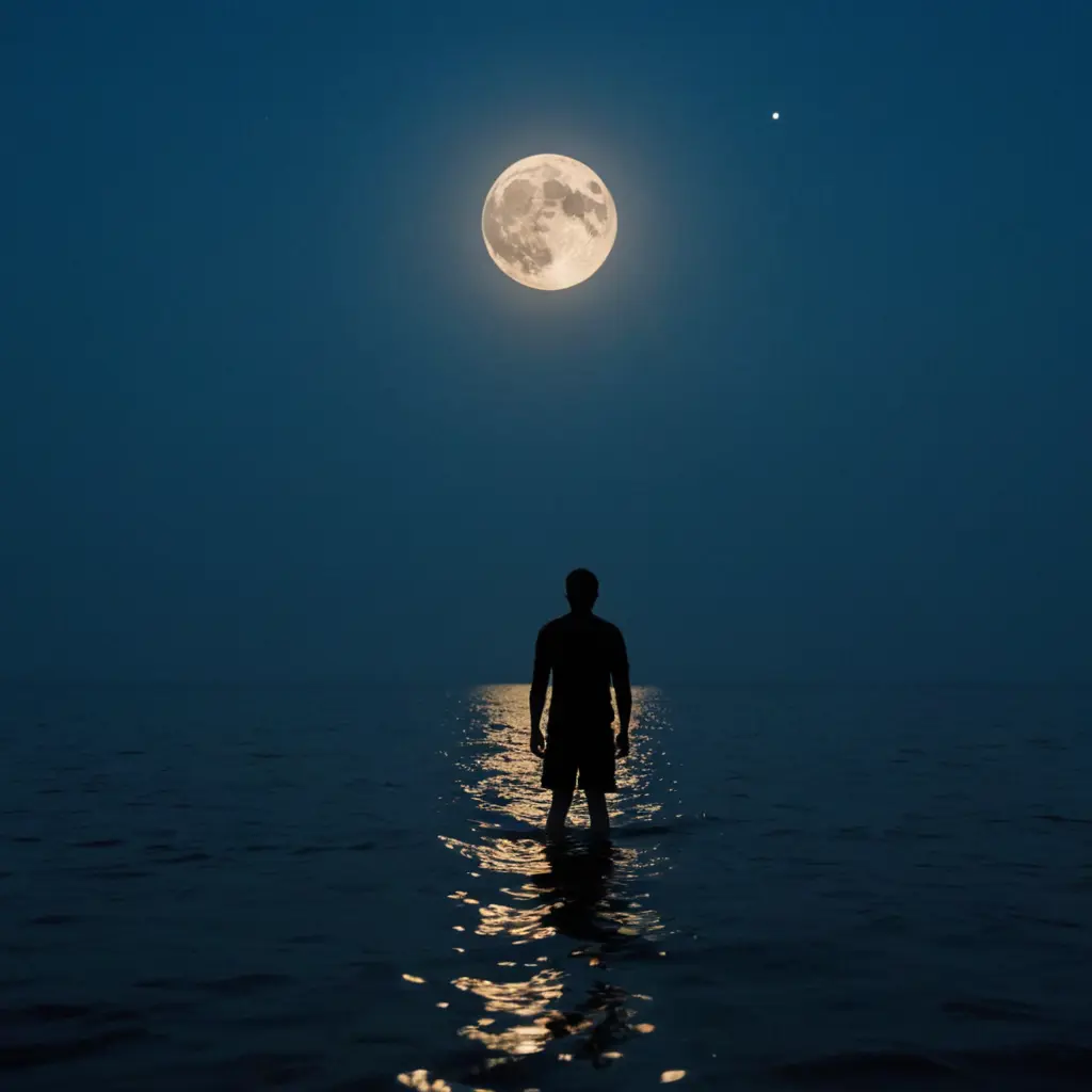 شخص فالبحر خلفه قمر كبير السماء سوداء