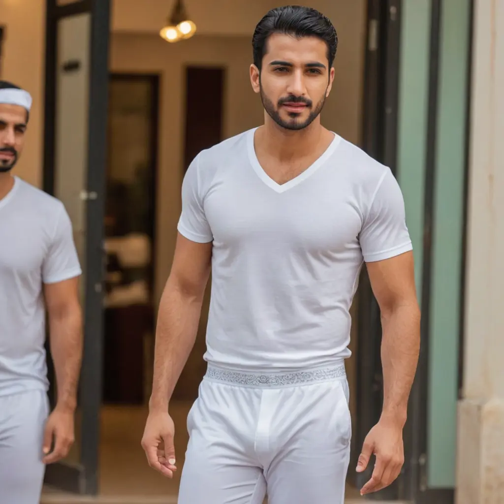 رجل يلبس الملابس الداخلية البيضاء الفانيلة والسروال العربيتين من متجر الأصيل للملابس الرجالية