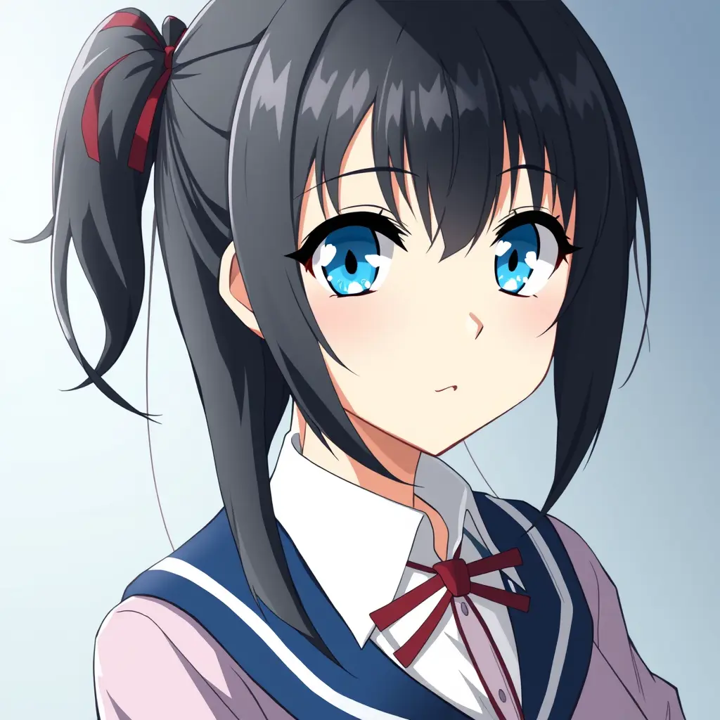 صورة بنت انمي عيونها زرقاء فاتح ترتدي ملابس مدرسية اكادمية بطلي شعرها اسود وسط شعرها شبه كارلي