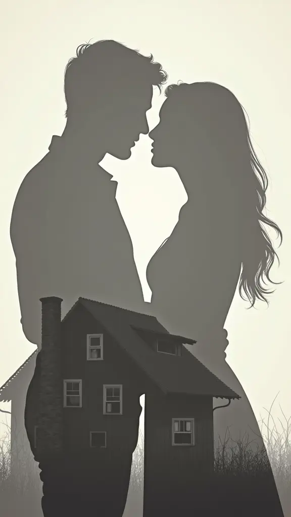 تداخل ظلين لرجل و إمراة خيال الرجل رمادى و المرأة أبيض فى تناغم يوحى بحبهما لبعض مع خلفية لبيت قديم .