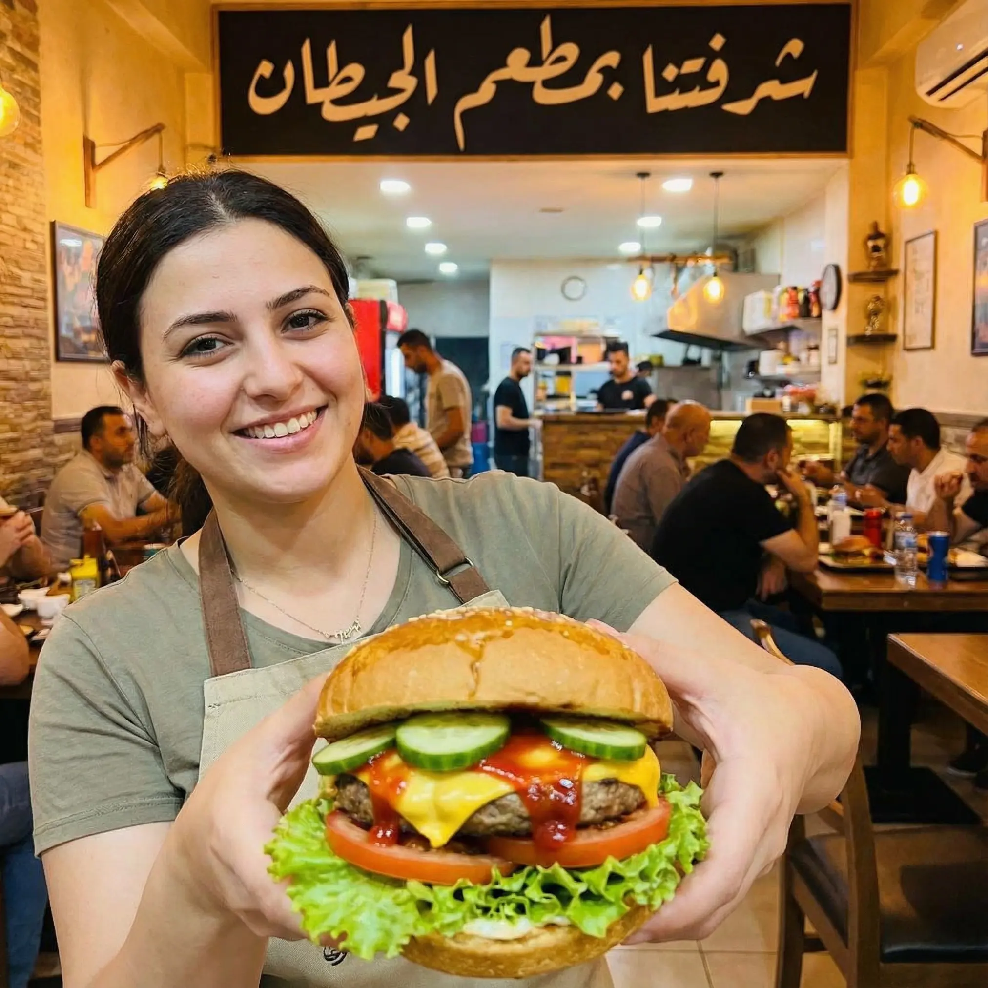 بدي اعلان مع بنت ماسكه برجر مع بندوره وخس وخيار وكاتشب وجبنه وبتقول شرفتنا بمطعم الجيطان