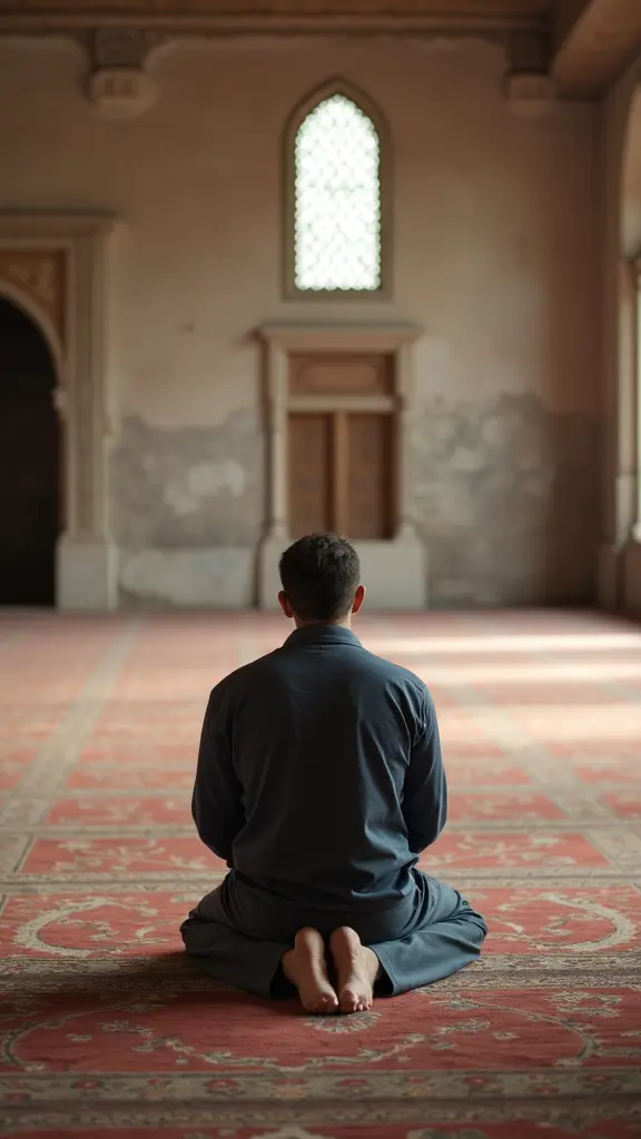 رجل يصلي و ساجد في المسجد عن بعد