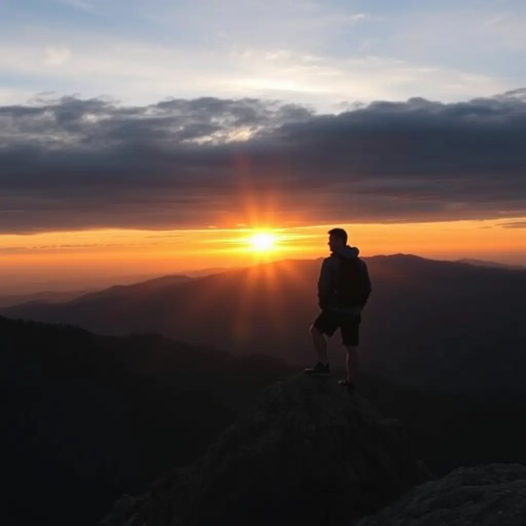 صورة لشخص يقف على قمة جبل عند الغروب بجانبه صديقه