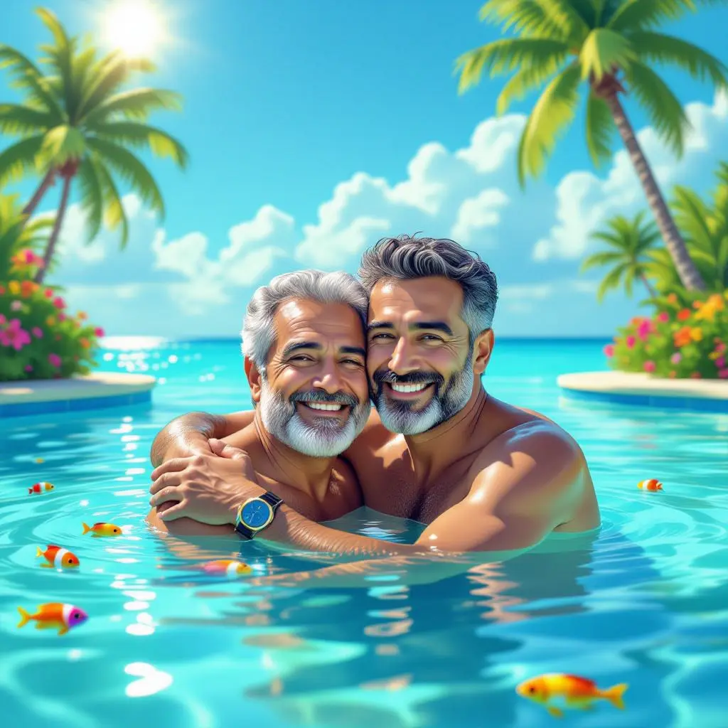 رجل مصري في الخمسين من عمره، بابتسامة دافئة، يعانق صديقه على حافة مسبح أزرق صافٍ تحت شمس استوائية ساطعة. تتماوج المياه برفق حولهما، وتسبح أسماك استوائية ملونة في الجوار. المنطقة المحيطة زاخرة بأشجار النخيل التي تتمايل مع النسيم، والزهور النابضة بالحياة تُضفي لمسةً من الألوان على المشهد. ينضح الجو بالبهجة والألفة، مُجسّدًا بأسلوب لوحة رقمية نابضة بالحياة بألوان غنية ومشبعة وإضاءة خافتة.