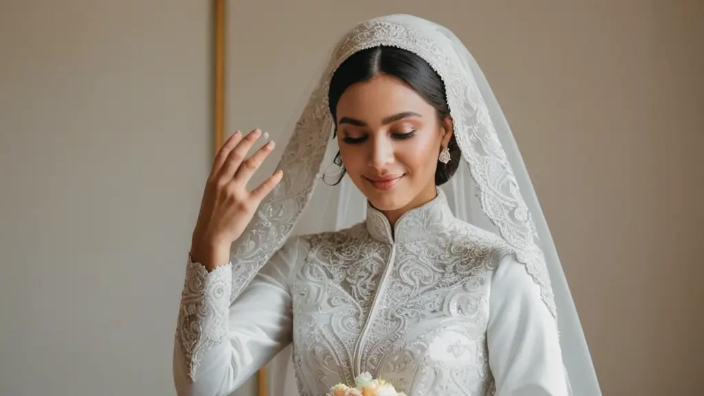 عروس ترتدي فستان زفاف اسلامي وتحمل في يديها طرحه تضعها على راسها