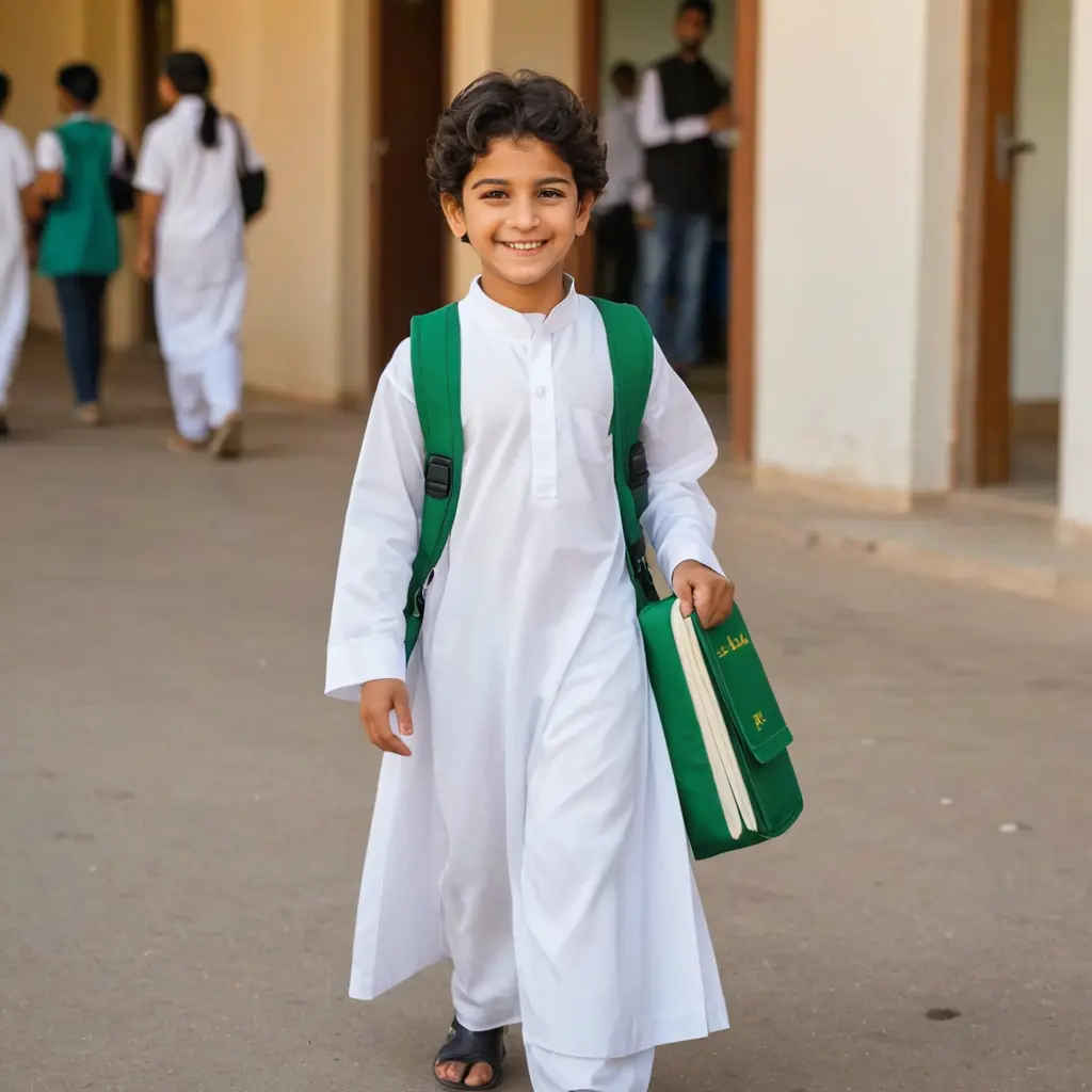 طفل لابس الثوب السعودي الأبيض مبتسم حامل شنطة مدرسة في ظهره وحامل بعض الكتب في يده في المدرسة
