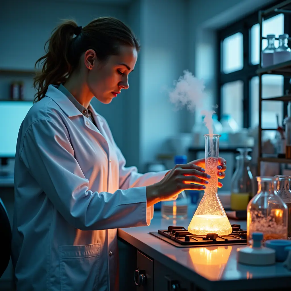 شخص يقوم بعملية التبخير ببيشر تحت نار الموقد في مختبر