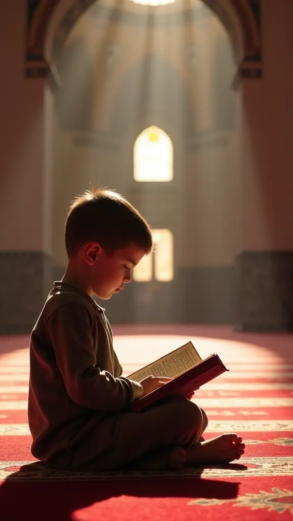 طفل صغير جميل يقرأ القرآن في المسجد