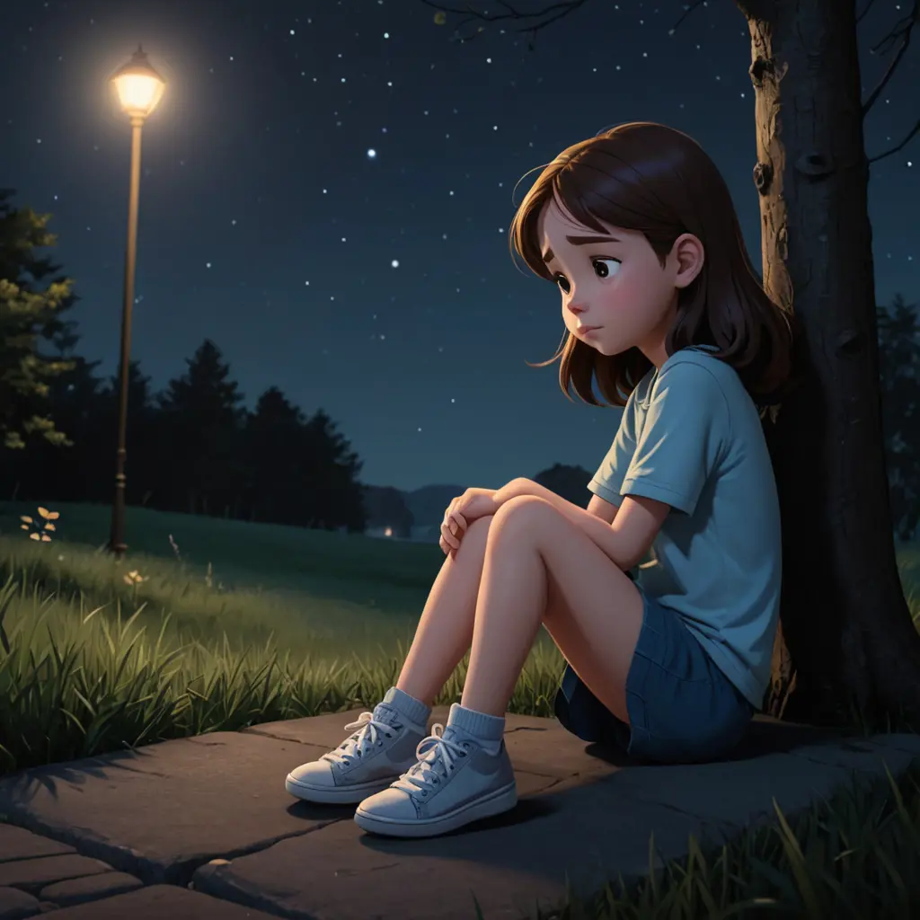 صورة فتاة كرتونية حزينة تجلس بجانبها صديقتها المختفية في ليلة مظلمة