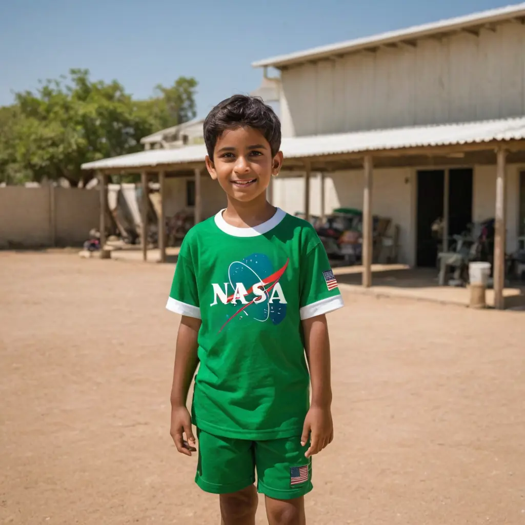 ولد اسمر لابس تيشرت اخضر مع ابيض و شورت اخضر بيده كرة عيناه اخضر مكتوب على ملابسه nasa 