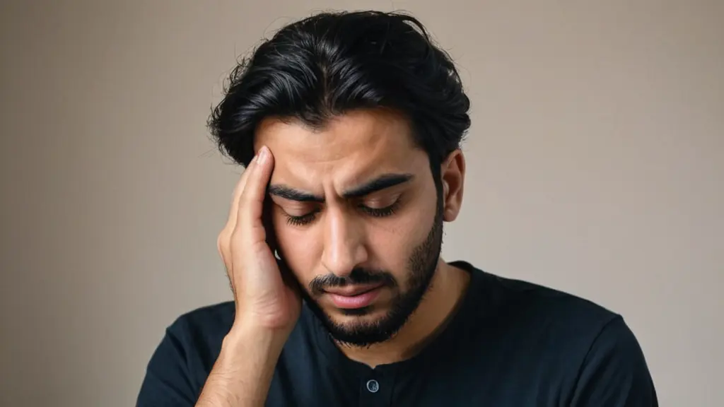 صوره رجل حزين ومهموم ويمسك رأسه مكتوب في اسفل  الصوره (HAMZA)
