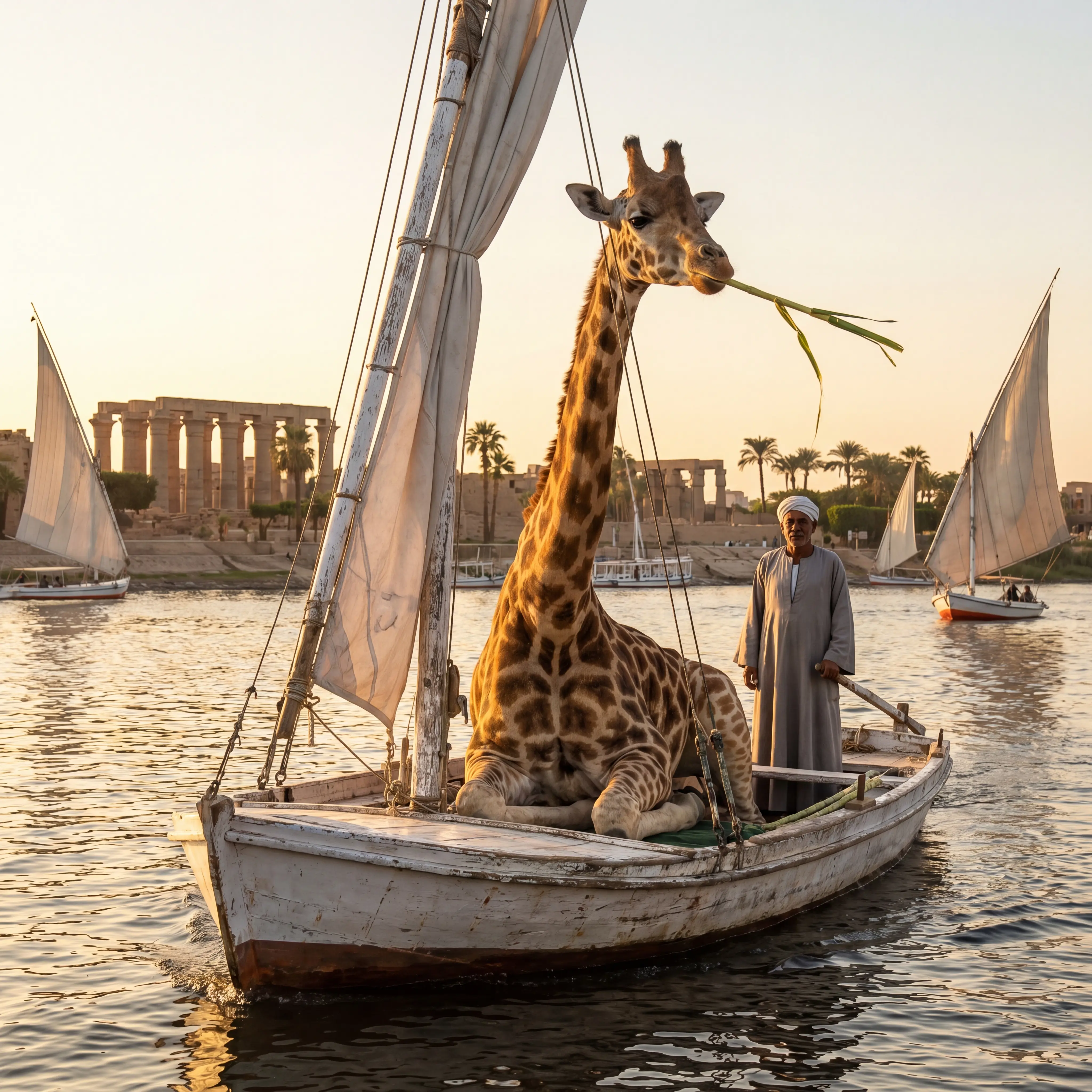 A photorealistic giraffe sitting calmly in the
middle of a traditional Egyptian felucca sailboat
slowly sailing on the Nile river, the giraffe
casually eating a fresh sugar cane stick,
an old Egyptian felucca captain standing at
the back steering normally completely unbothered,
dramatic golden sunset light reflecting on the
Nile water, Luxor Temple or Karnak columns
visible on the riverbank in the background,
lush green palm trees lining the shore,
other feluccas sailing nearby,
the giraffe neck tall above the sail,
deadpan unbothered serious expression,
ultra-realistic giraffe fur and skin texture,
cinematic warm golden hour photography,
Canon 5D RAW documentary style,
shallow depth of field,
everything treated as completely normal