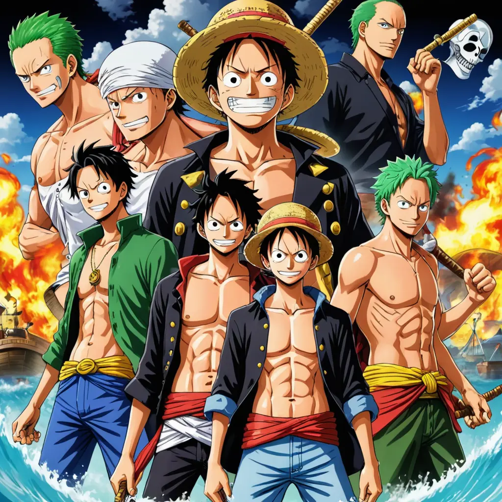 فخامة انمي ون بيس الشخصيات المتواجدة في الصورة هي لوفي ،روجر،زورو،شانكس
