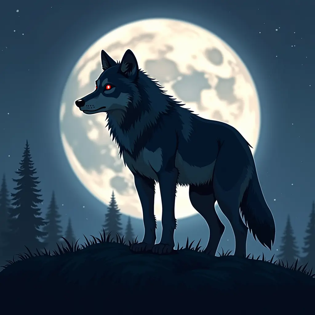 صوره ذئب يقف على تل كبيره على خلف ضوء القمر مع اصدقائي وعينيه باللون الحمراء