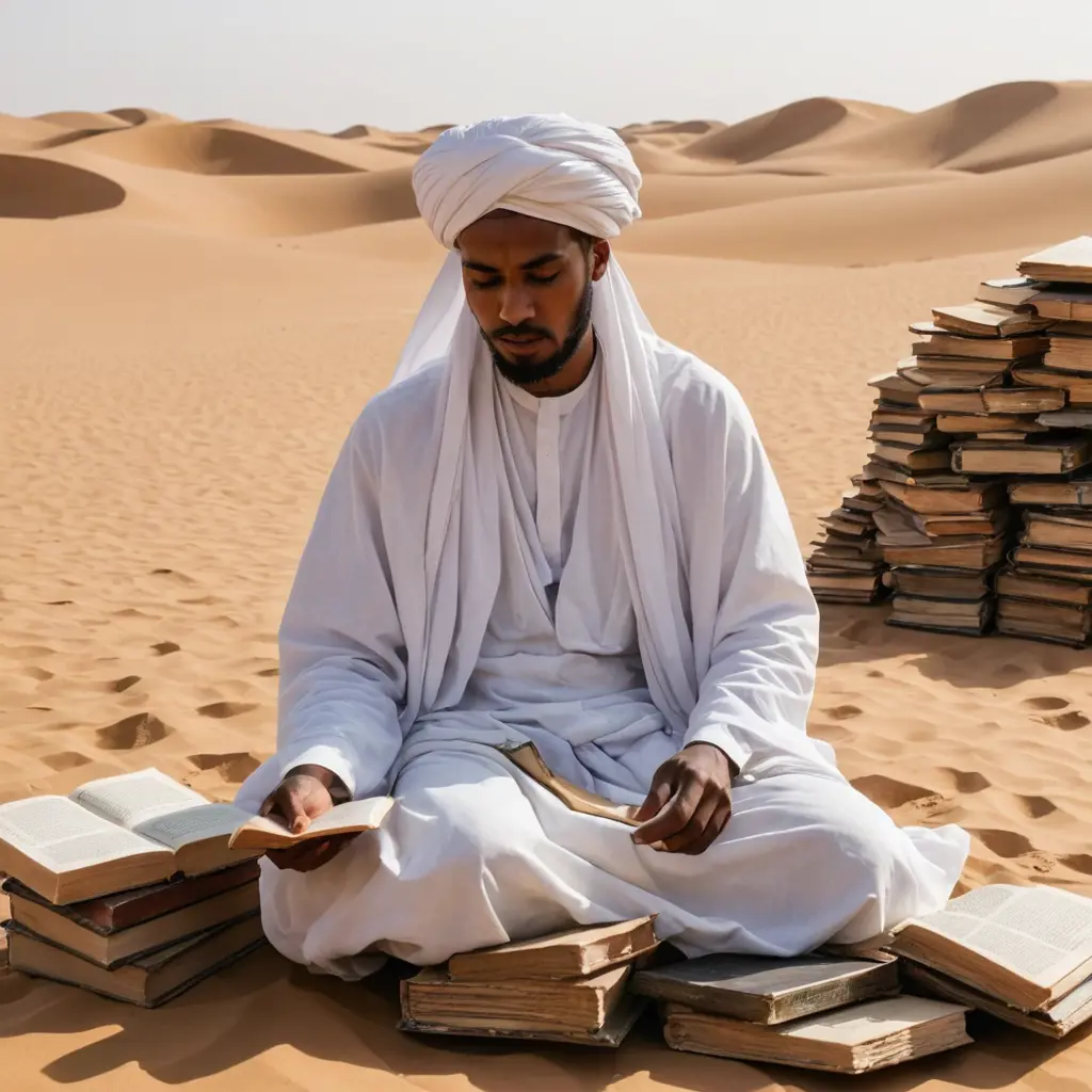 شخص جالس بشكل مستقيم وسط الصحراء يلبس ثوب موريتاني كبير و عمامة حول تغطي رأسه و وجهه بالكامل و يقرأ كتبا قديمه و مخطوطات ويكون حوله و خلفه كومة كبيرة من الكتب القديمه و المخطوطات
