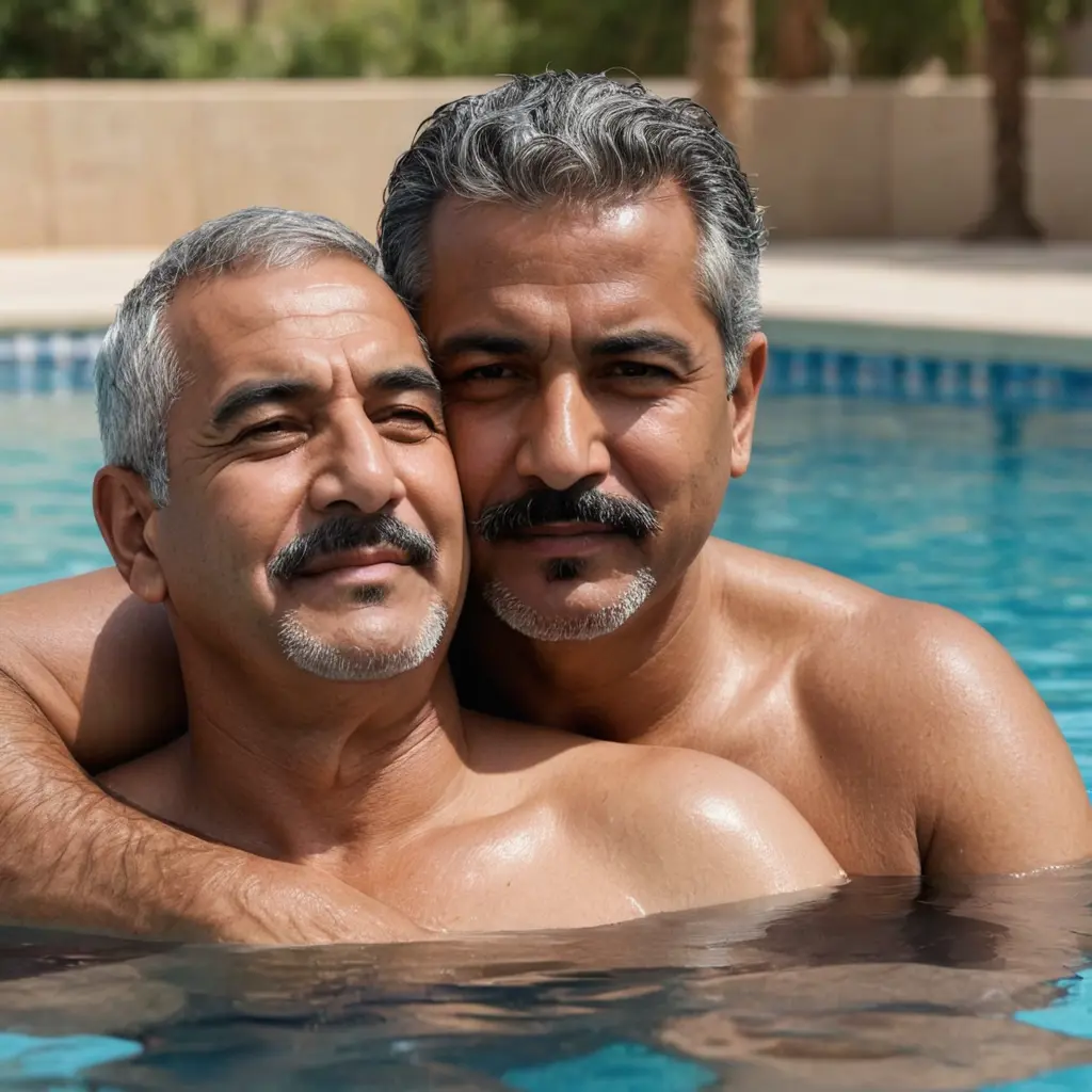 رجل سعودي خمسيني سمين ولديه حبه خال كبيره يسار فمه وشنب في شيب وشعر اسود وما عنده شعر اصله وخدوده كبار شوي مع رجل يحضنان بعض في مسبح