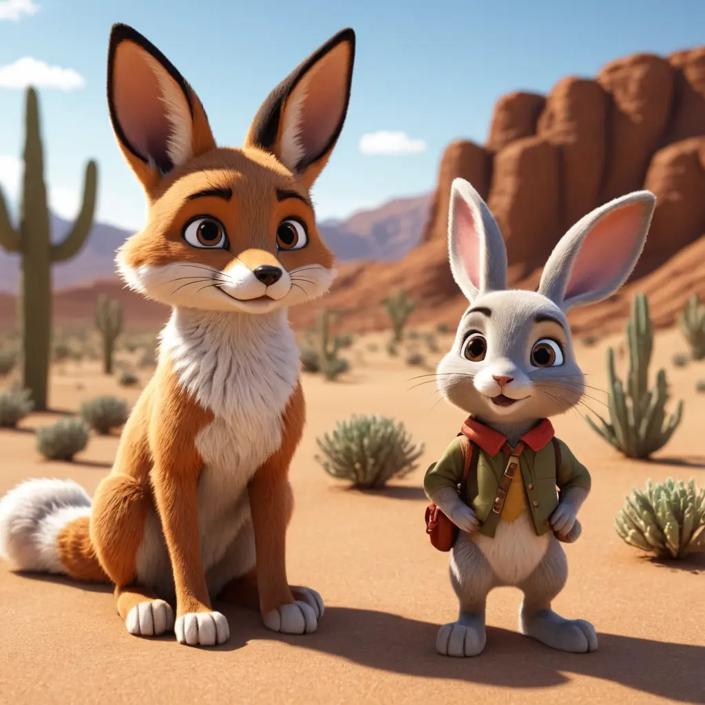 كرتون 3d ثعلب صحراوي مع صديقه ألأرنب البني