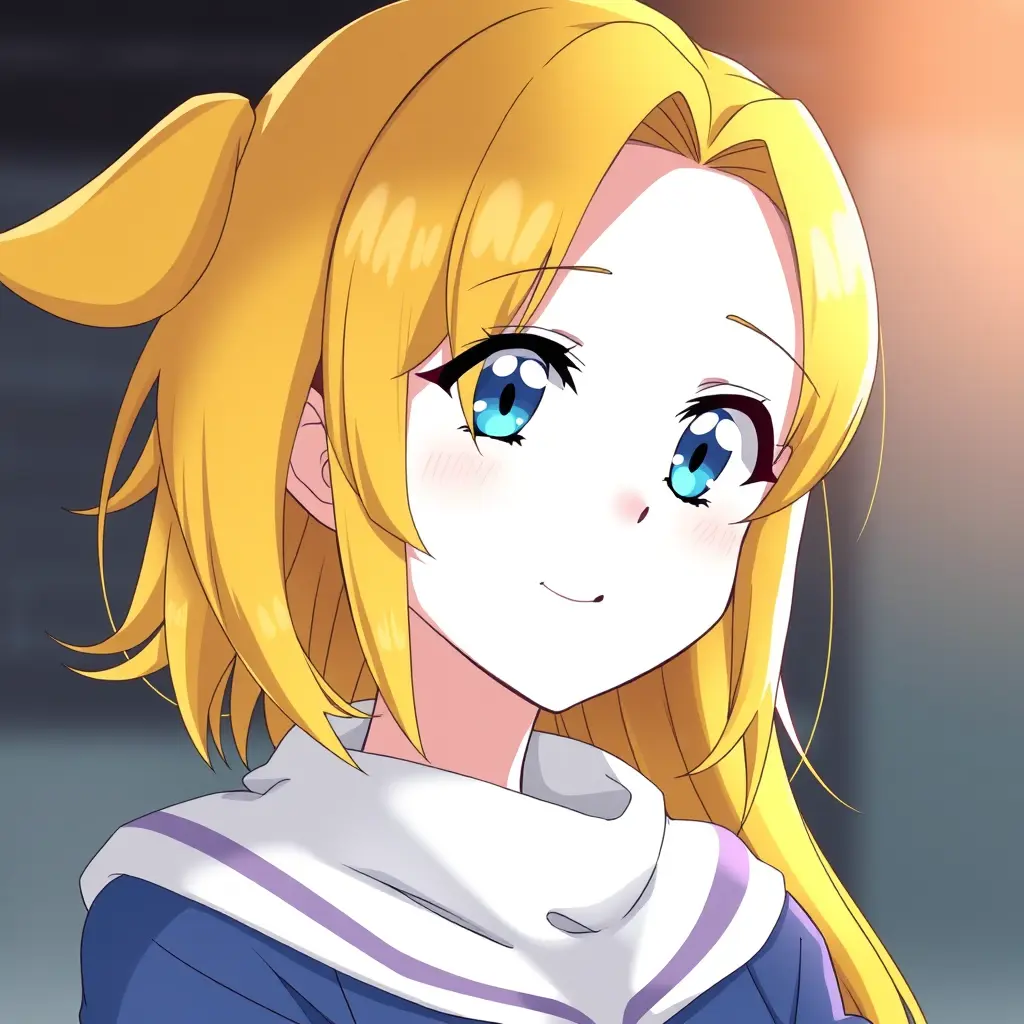 فتاة انمي شعرها أصفر وعيونها زرقاء تبتسم