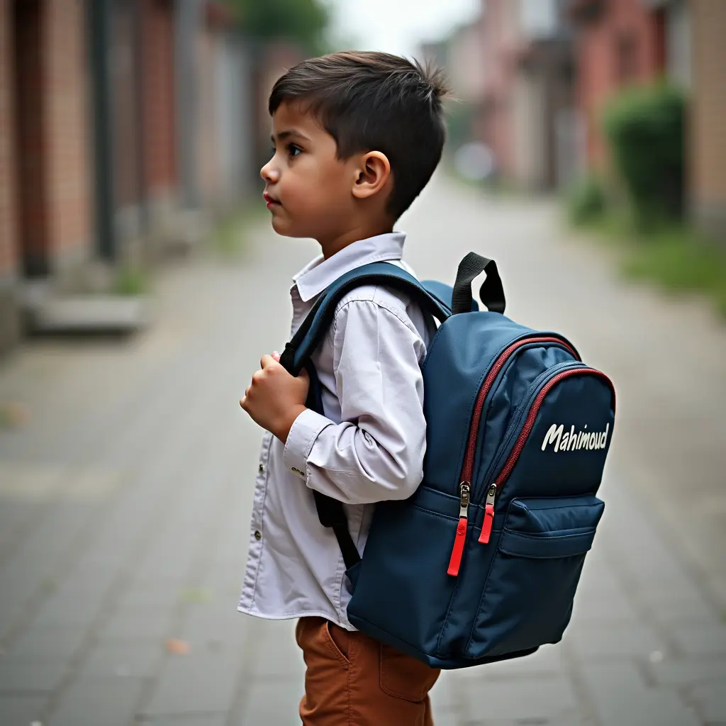 طفل يحمل شنطه مدرسة ومكتوب عليها Mahmoud بعمر 7 سنوات