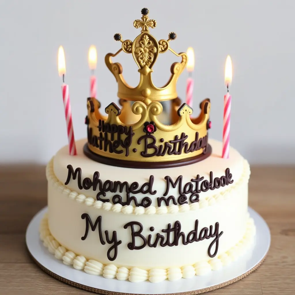 صور تورتة عيد ميلاد اسطورية وعليها تاج ملكي مكتوب عليها بالشوكولاتة عيد ميلاد سعيد Mohamed Matouk و يوجد بها شموع و مكتوب اسفل التصميم عيد ميلادي