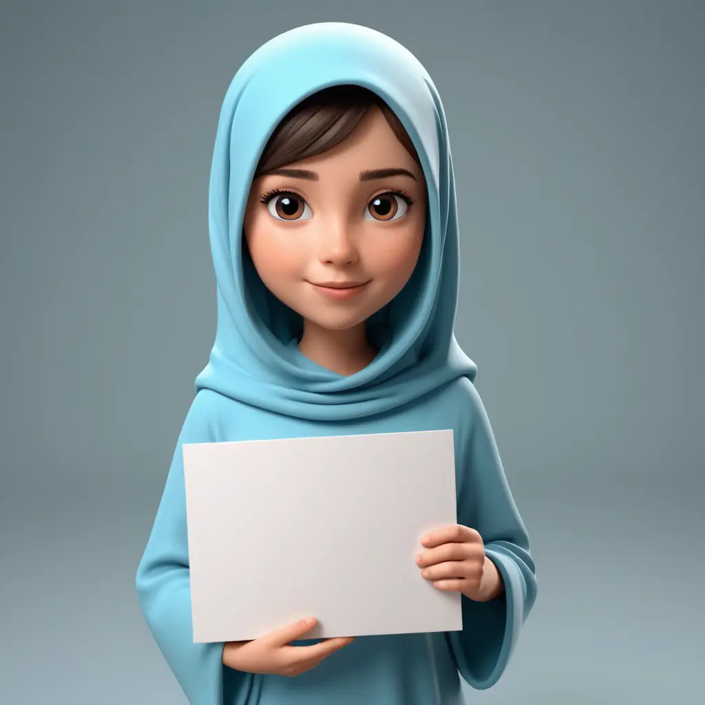 صورة لفتاة صغيرة محجبة تحمل لافتة بيدها, رسم 3D بشكل كرتوني