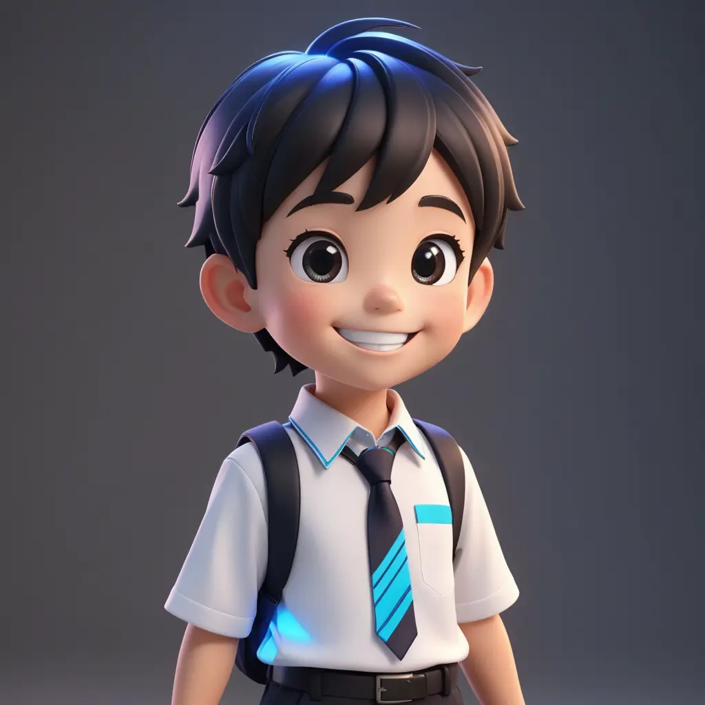 ولد ،بزي المدرسة ، ثري دي ،شخصية كرتونية ، سعيد ، الوان مبهرة ، اضائة ليد