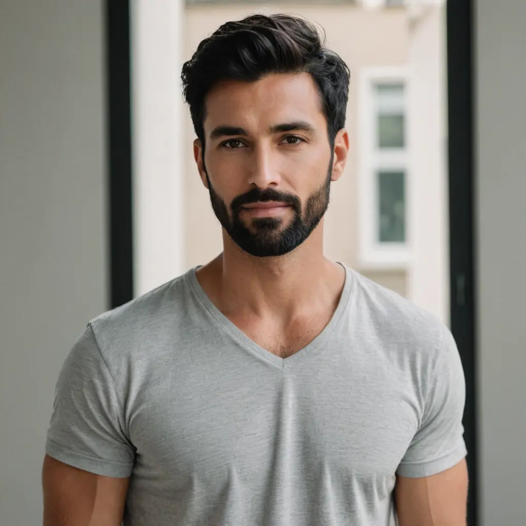 رجل وسيم ذو شعر اسود قصير ولحية سوداء خفيفةيقف باتجاه الكاميرا