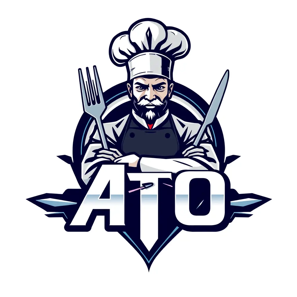 Generate a detailed futuristic style logo in 2d for a company named 'ATO' in the restaurant field. The logo should prominently feature Skilled cook and fork .