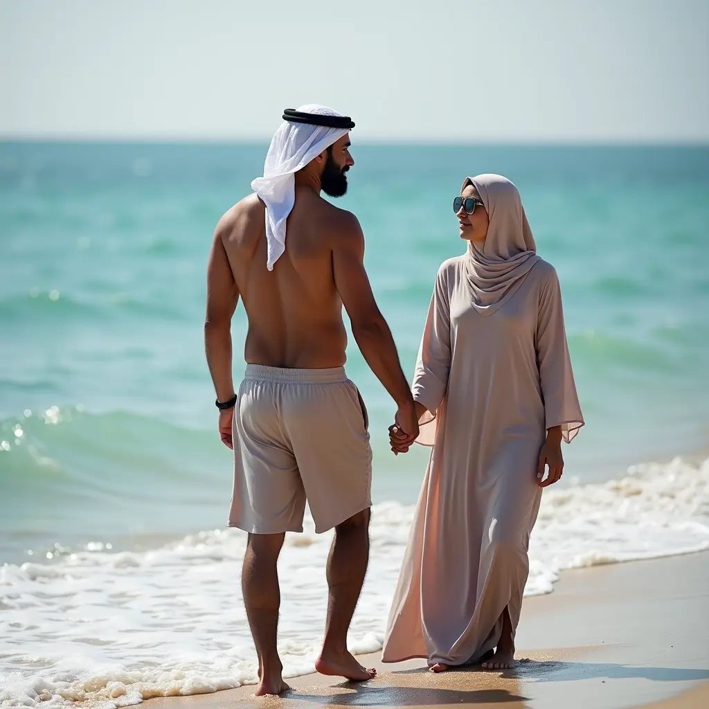 صورة لرجل سعودي وزوجته المحجبة على شاطئ البحر في دبي، حيث يرتديان ملابس بحر محتشمة ويستمتعان بالمنظر الطبيعي والهدوء بجانب المياه.